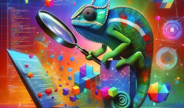 DALL·E 2024-06-11 17.08.45 - An abstract image of a chameleon conducting a website audit. The chameleon is surrounded by floating geometric shapes and vibrant colors, representing