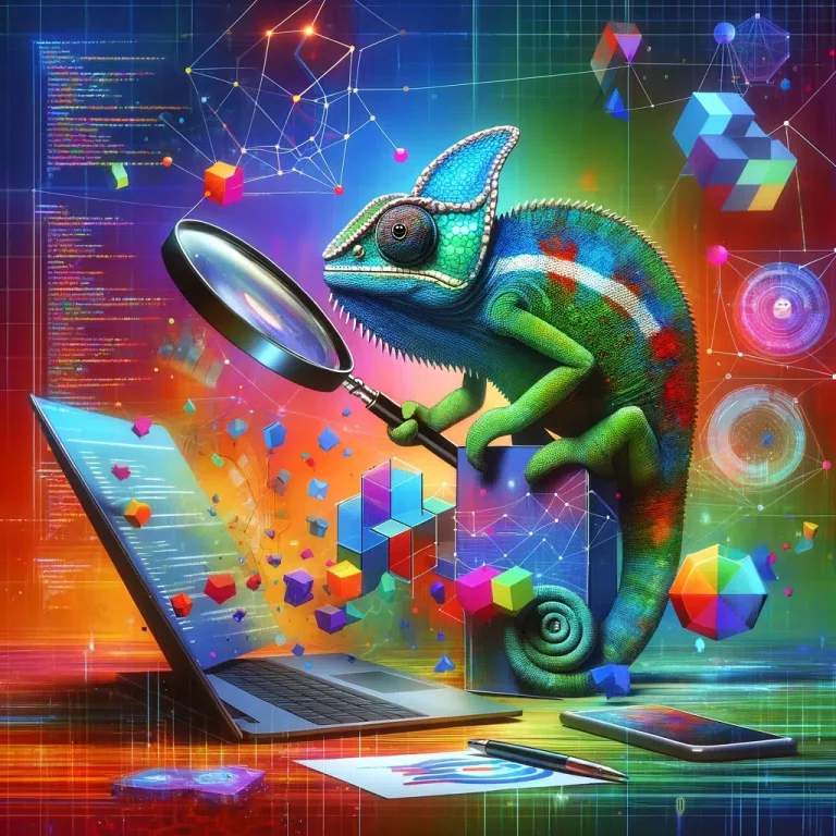 DALL·E 2024-06-11 17.08.45 - An abstract image of a chameleon conducting a website audit. The chameleon is surrounded by floating geometric shapes and vibrant colors, representing