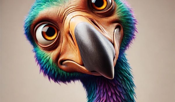 DALL·E 2024-10-17 10.53.59 - A close-up of a colorful dodo bird's head, focusing on an even more inquisitive expression. The bird's head is tilted slightly more, with wide, curiou