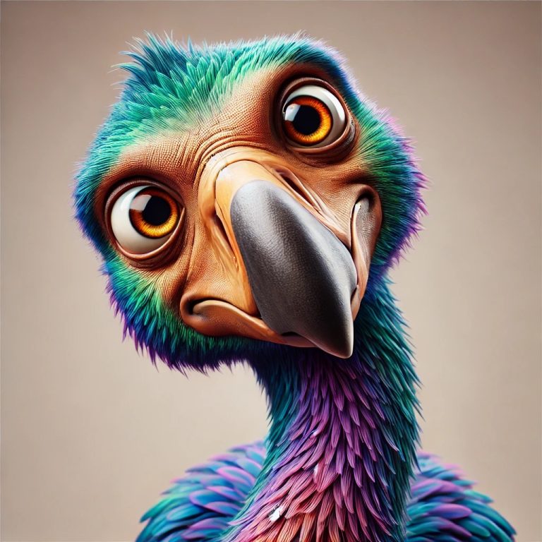 DALL·E 2024-10-17 10.53.59 - A close-up of a colorful dodo bird's head, focusing on an even more inquisitive expression. The bird's head is tilted slightly more, with wide, curiou