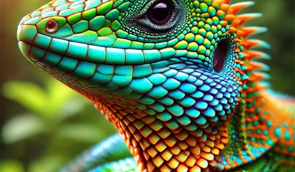 DALL·E 2024-11-11 13.04.13 - A vibrant, colorful close-up photograph of a lizard in a natural setting. The lizard features striking shades of green, blue, and orange across its sc