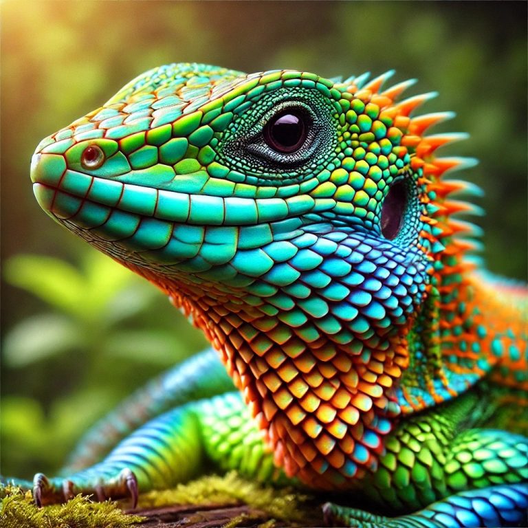 DALL·E 2024-11-11 13.04.13 - A vibrant, colorful close-up photograph of a lizard in a natural setting. The lizard features striking shades of green, blue, and orange across its sc